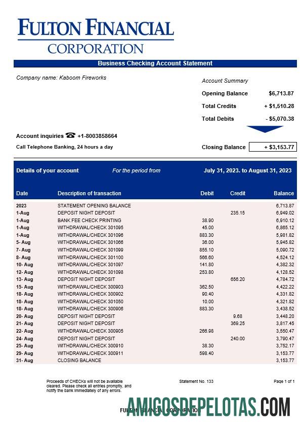 Em branco Fulton Financial Corporation Enterprise modelo de extrato de conta Word e PDF